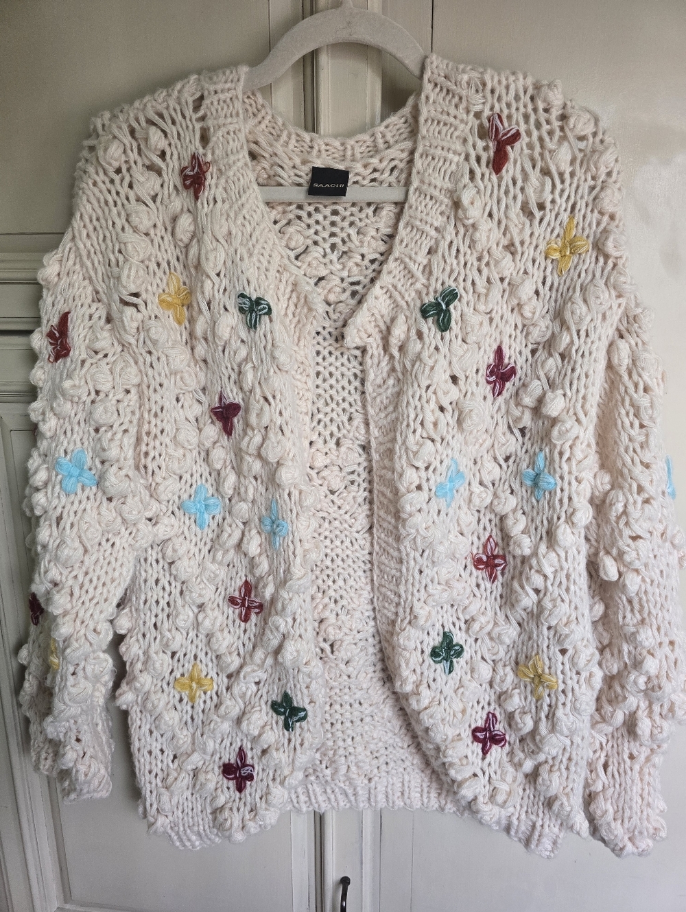 SAACHI Chunky Crochet Cardigan with Colorful Embroidery-One Size - Picture 4 of 9